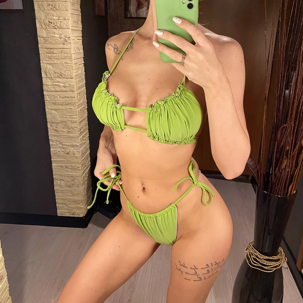 Olive Green Ruched Top and Brazilian Bottom Bikini Set - Picture 4 of 8
